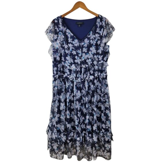 Lane Bryant Plus Size 18/20 2X Shirt Dress Floral Navy Ruffle Tiered Skirt Long - Picture 2 of 8